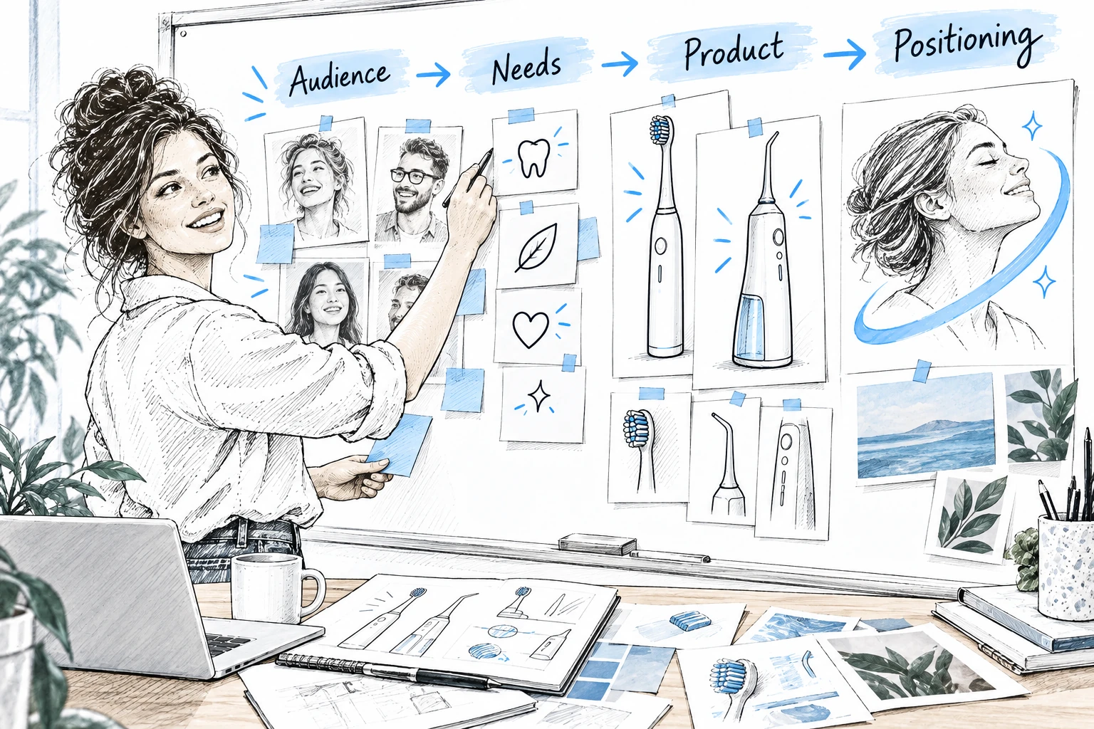 A founder connects customer needs, oral care product ideas and brand positioning on a planning board.