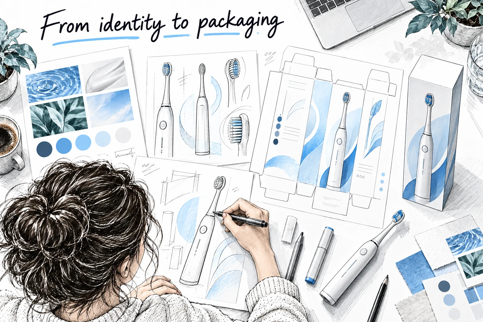 A designer develops coordinated oral care packaging using color swatches, artwork and a toothbrush sample.