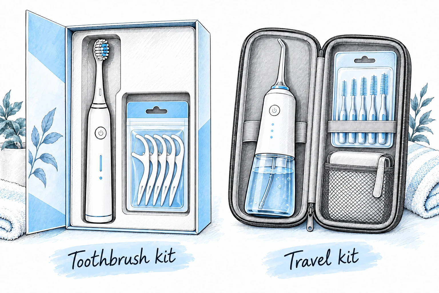 Illustration of an electric toothbrush with floss picks and a water flosser with interdental brushes in coordinated kits.