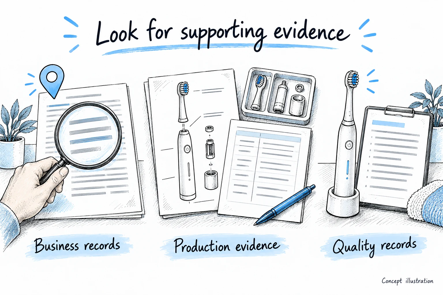 Concept illustration of business records, production evidence and quality records being reviewed for an oral care supplier.