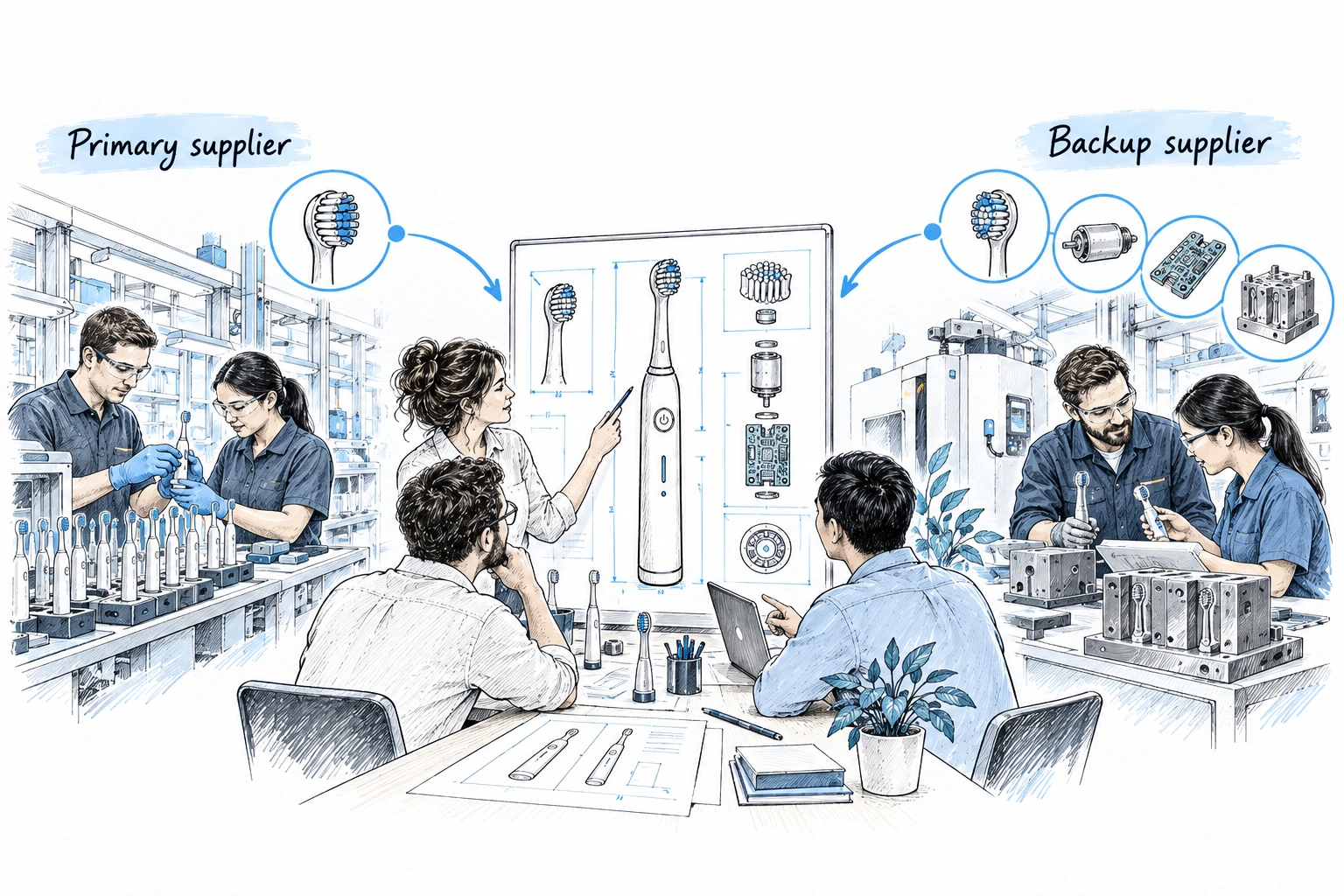 Concept illustration connecting an oral care brand with a primary supplier and a prepared backup supplier through shared product specifications.