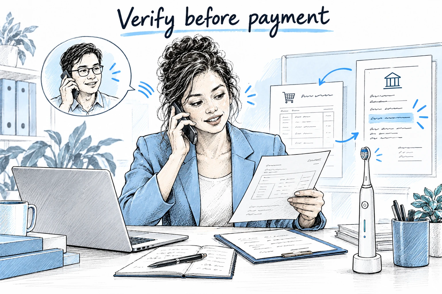 A buyer checks supplier payment details while confirming the information by phone beside an oral care purchase order.