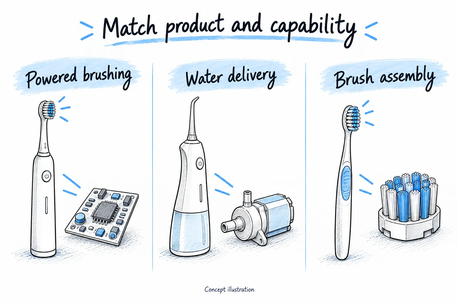 Concept sketches pairing a powered toothbrush with electronics, a water flosser with a pump and a manual brush with bristle assembly.