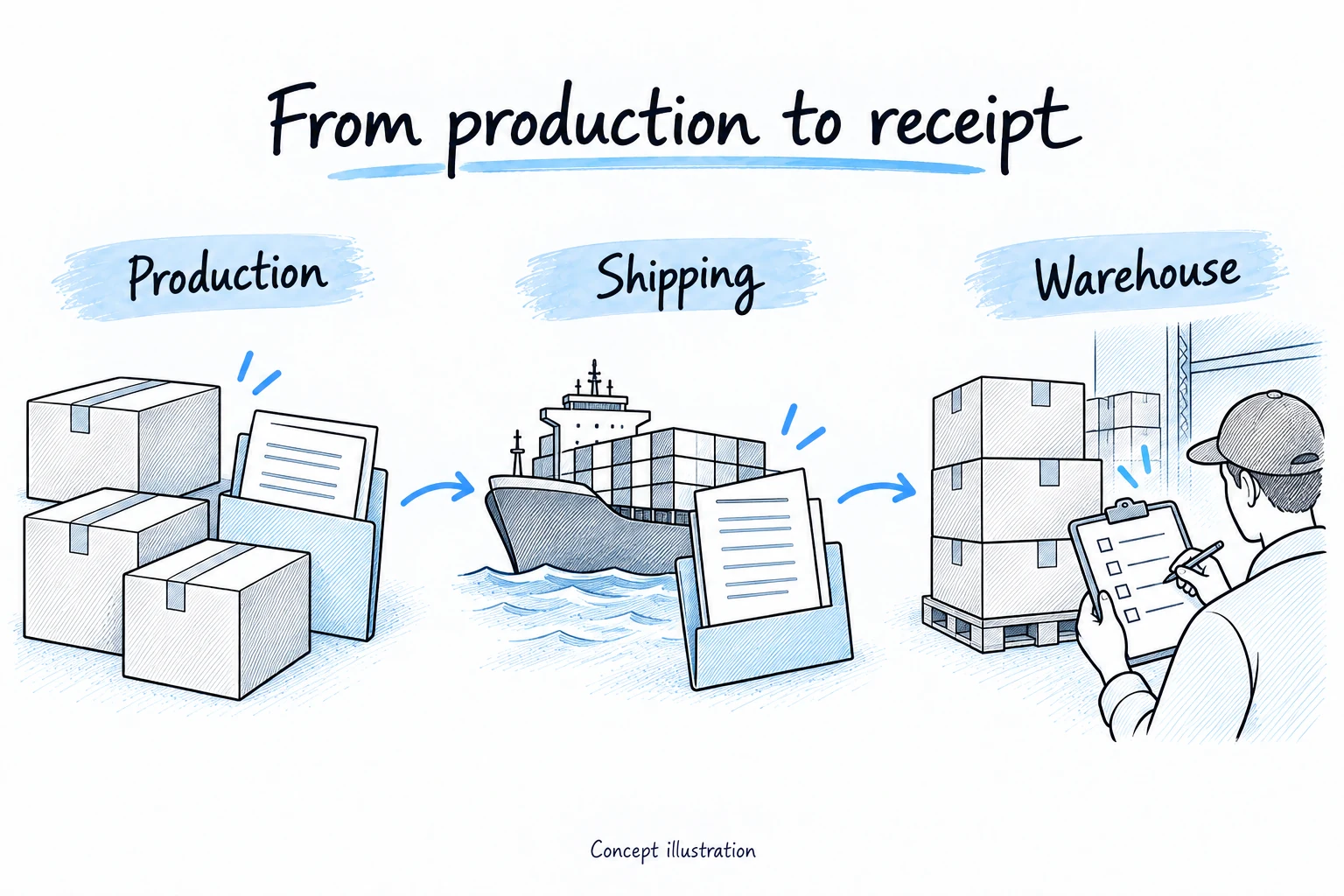 Hand-drawn overview of oral care product handoffs from production through shipping to warehouse receipt.