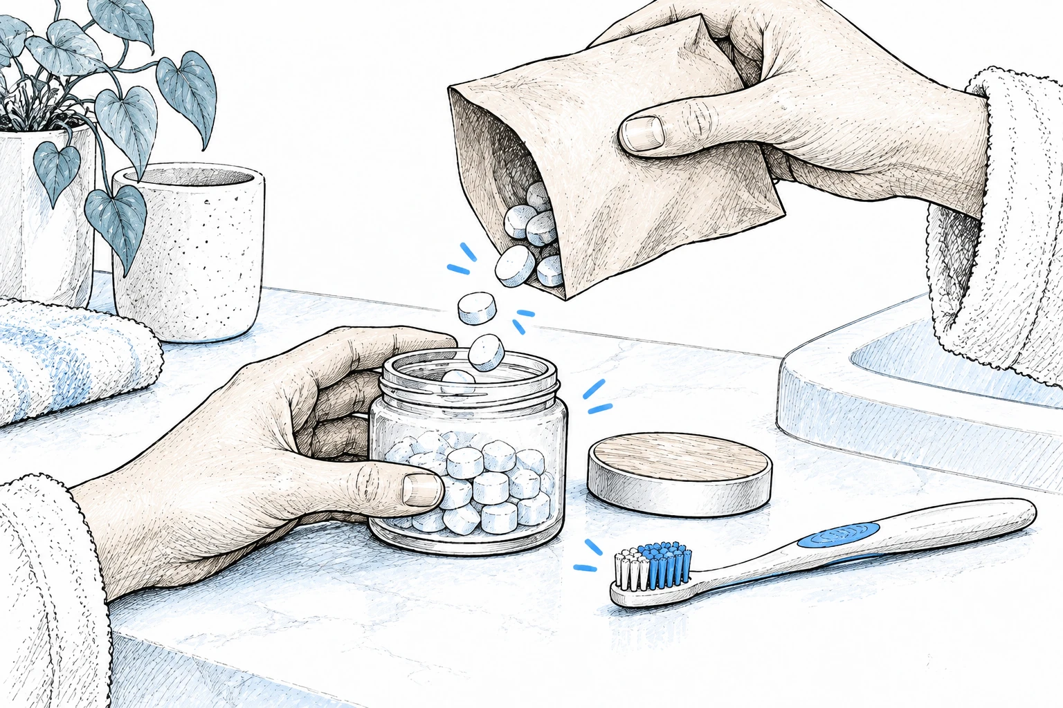 Illustration of toothpaste tablets being transferred from a refill pack into a reusable container beside a toothbrush.