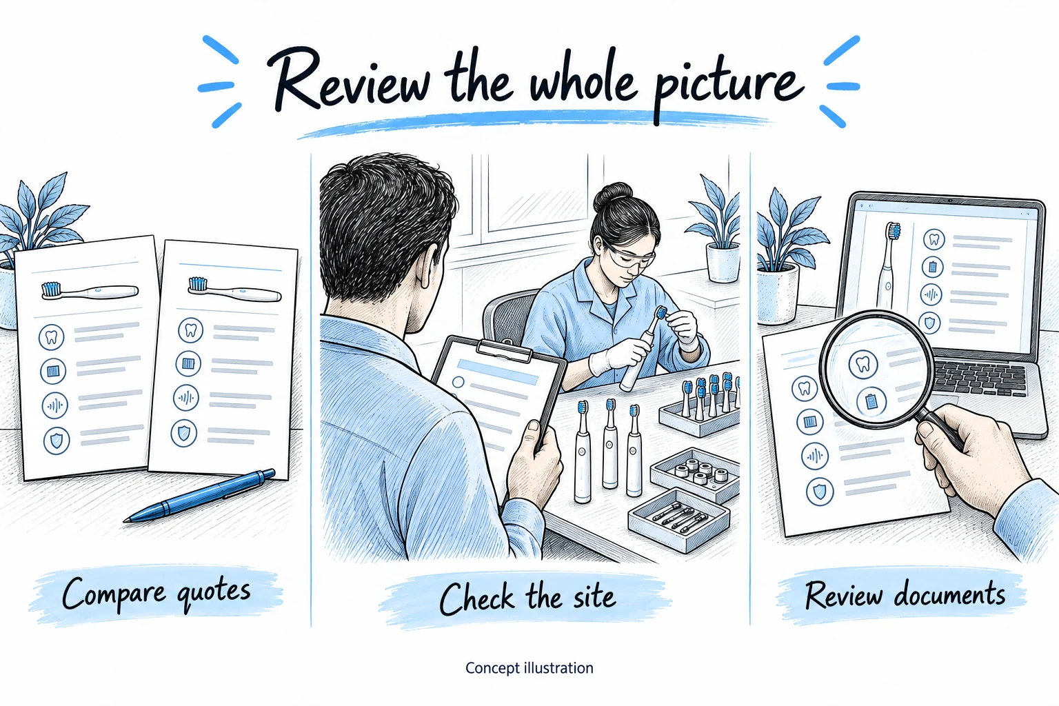 Hand-drawn scenes of comparing supplier quotes, reviewing a production site and checking supporting documents.
