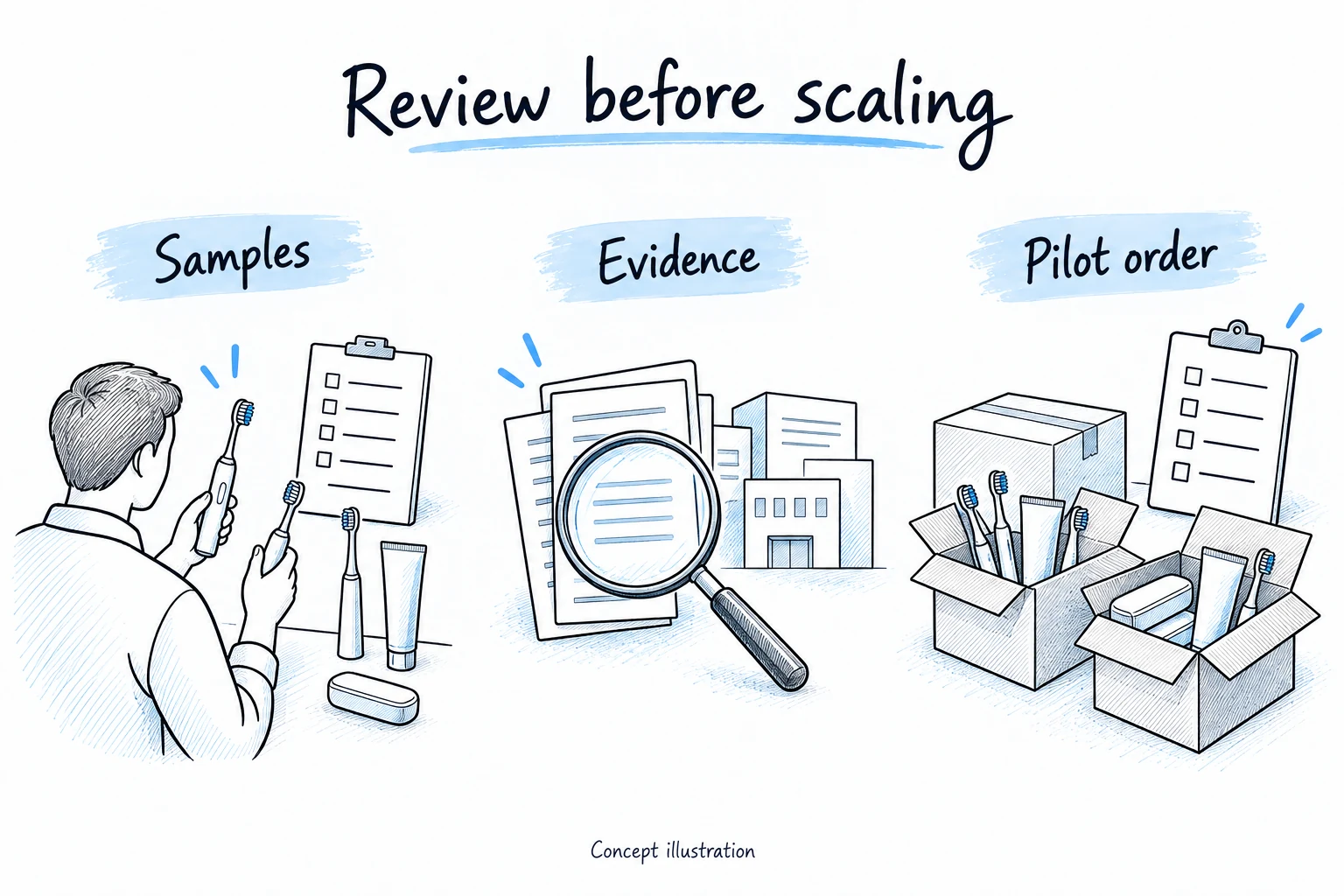 Hand-drawn review scenes showing oral care samples, supporting evidence and a pilot order before scaling.