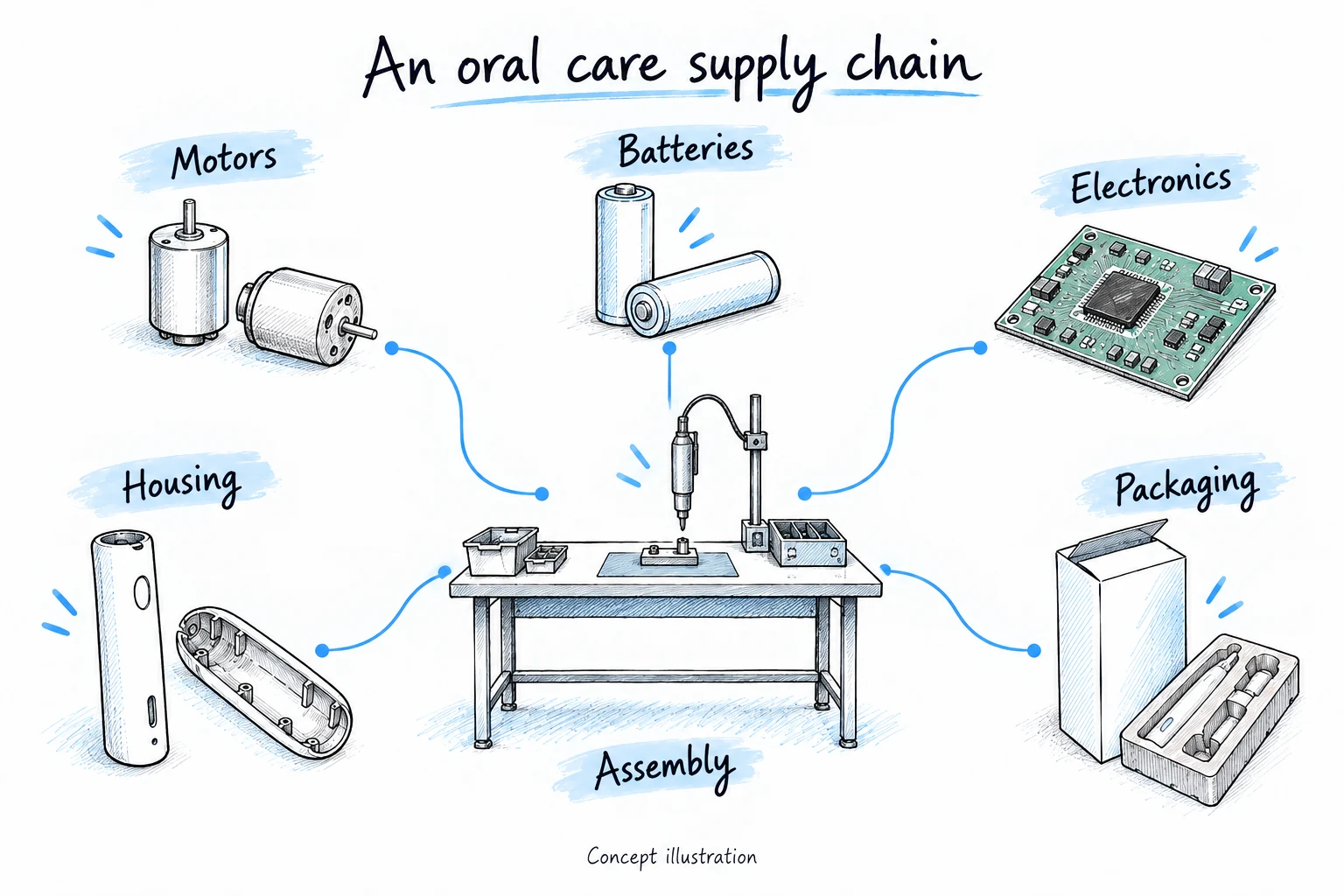 Concept sketch of motors, batteries, electronics, housing and packaging connected to oral care product assembly.