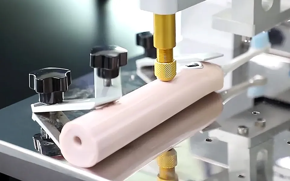 A pink electric toothbrush handle secured in a product testing fixture.