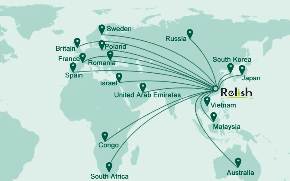 Map showing Relish's international oral care export network.