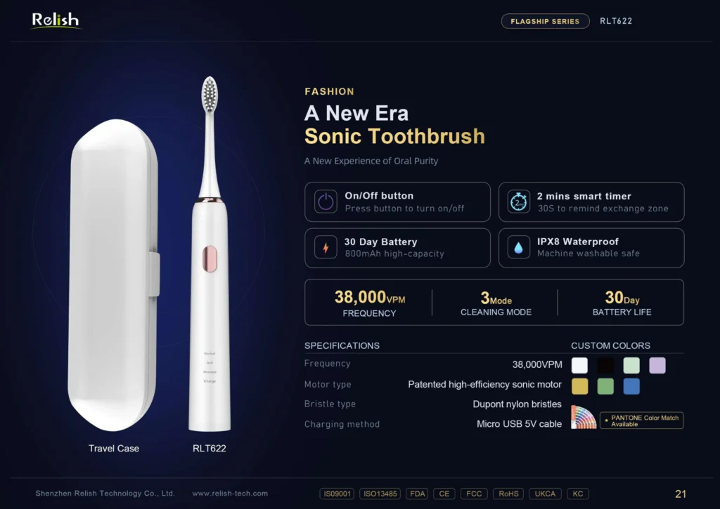 RLT622 38,000 VPM sonic electric toothbrush with travel case