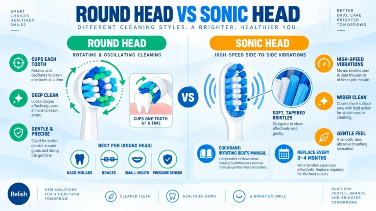 Comparison infographic of a round rotating toothbrush head versus a long sonic head, showing the rotation arrow ring, best-for cases like back molars and braces, and a 3 to 4 month replacement note.