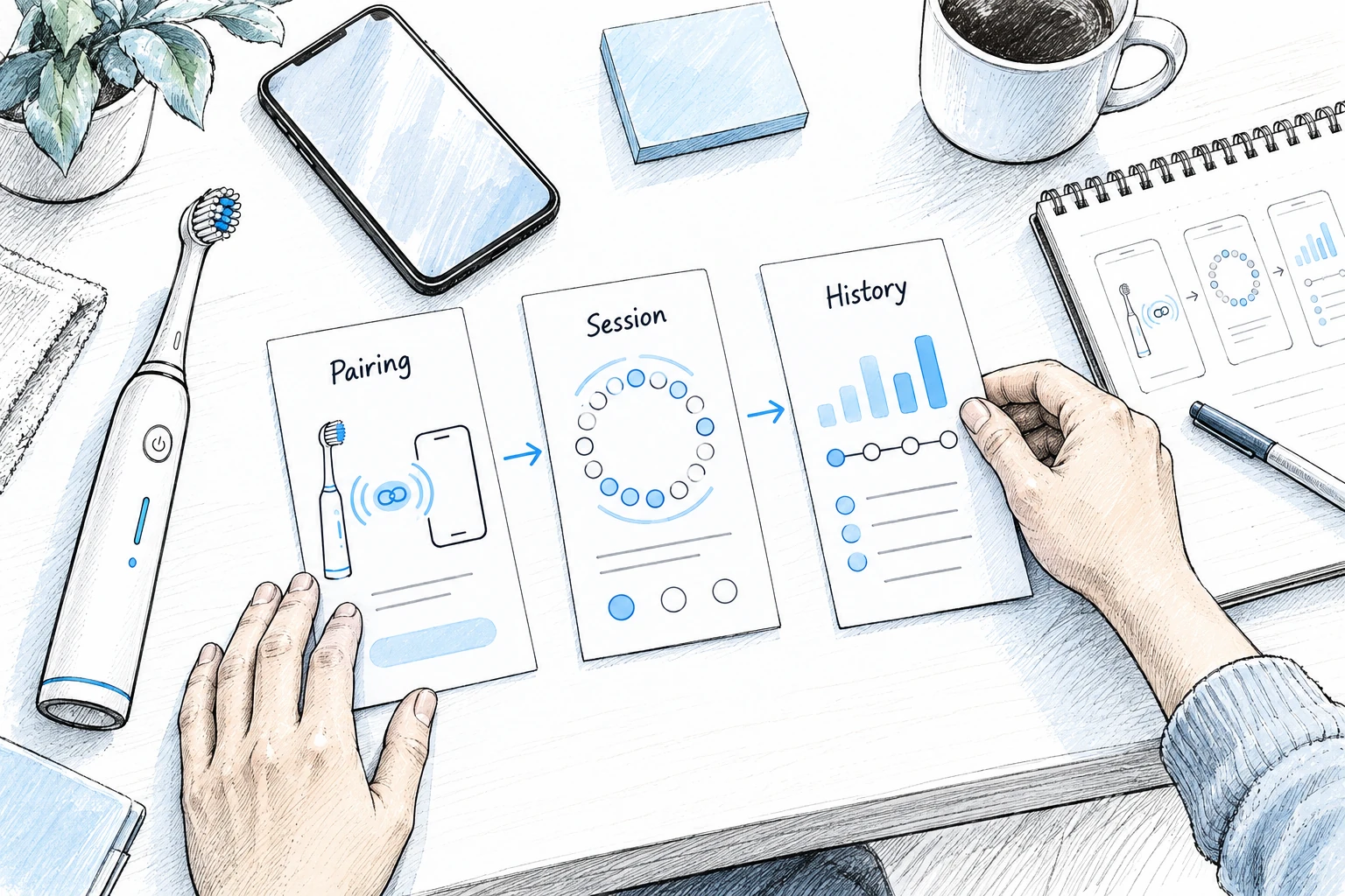 Illustration of a designer arranging smart toothbrush app screens for pairing, sessions and history.