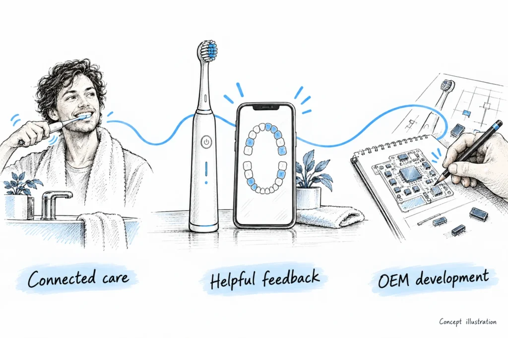 Conceptschets die een poetsroutine, een connected toothbrush en app, en OEM-ontwerpwerk met elkaar verbindt.