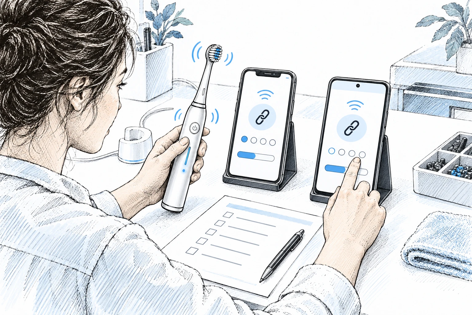 Concept illustration of an engineer holding a smart toothbrush while checking two phones beside a blank observation sheet.