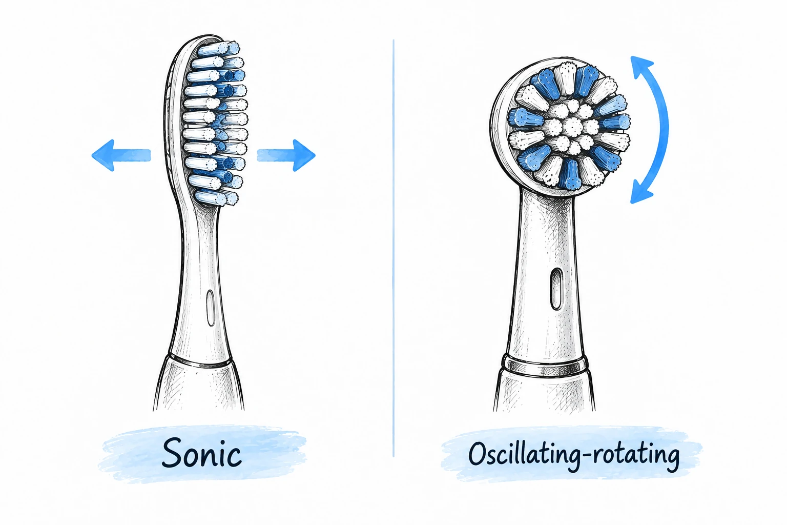 Conceptual illustration comparing an elongated sonic brush head with a round oscillating-rotating brush head.