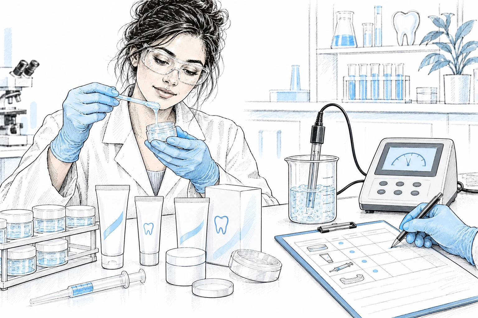 A technician examines a whitening gel sample beside a benchtop meter while a colleague writes on a sample worksheet.