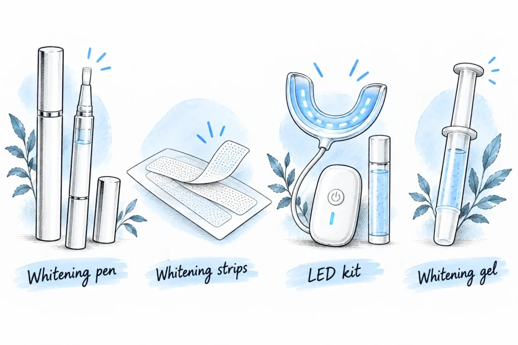 Illustrazione di penne sbiancanti, strisce, un kit con bocchino a LED e dispenser di gel.