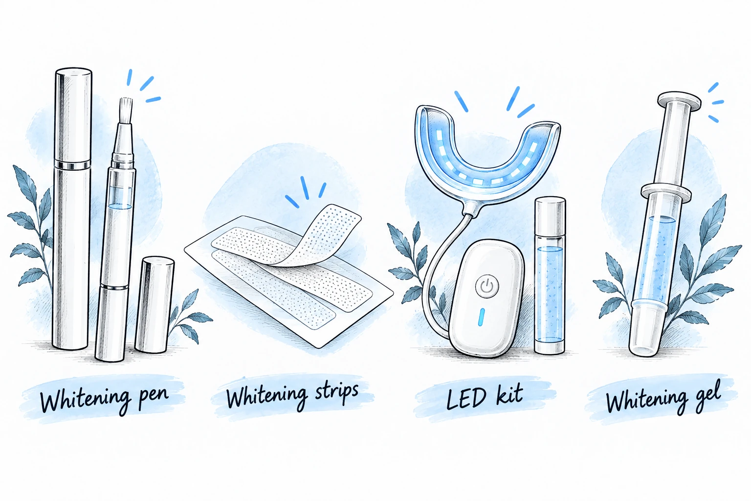 Illustration of whitening pens, strips, an LED mouthpiece kit and gel dispensers.