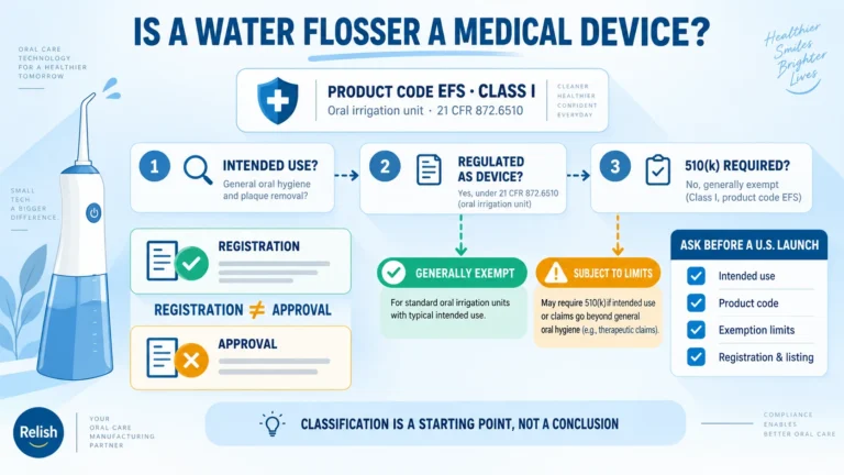 Flat infographic explaining FDA rules for water flossers: product code EFS and Class I status, a three-step decision flow on 510(k) applicability, and the distinction that FDA registration is not FDA approval.