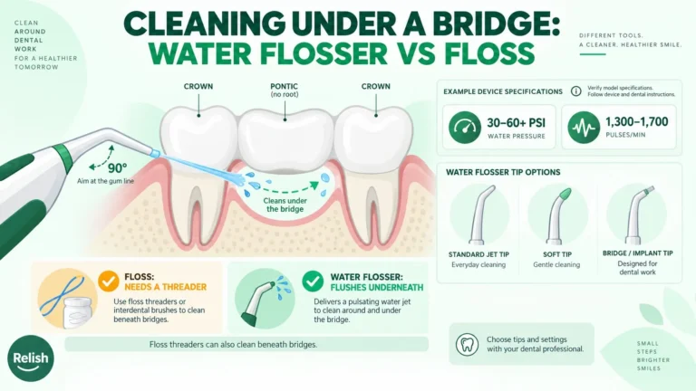 Infographic of a water flosser cleaning under a dental bridge, showing the cross-section gap beneath the pontic, a 90-degree gum-line angle, and 30–60+ PSI at 1,300 to 1,700 pulses per minute.