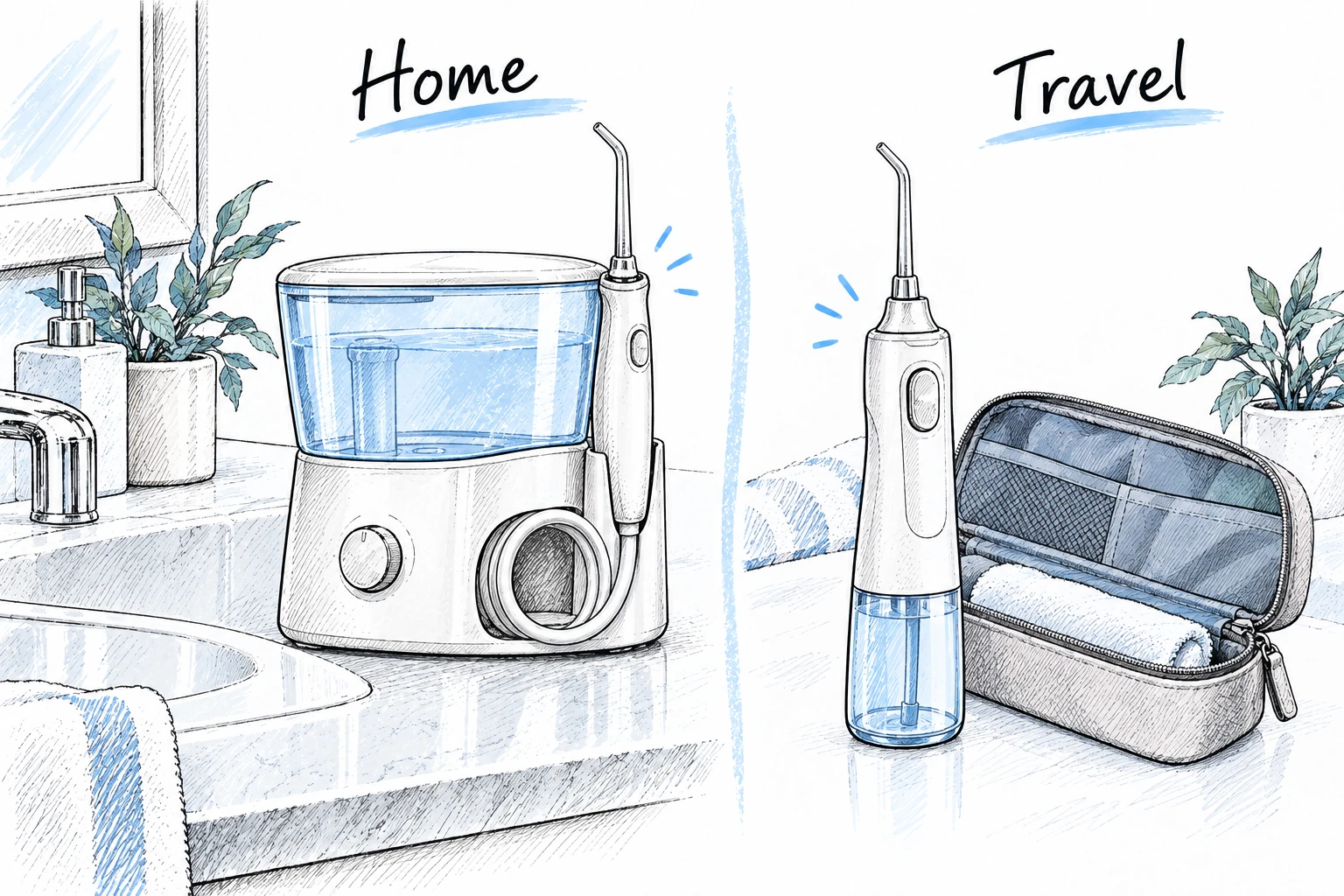 Illustration of a countertop water flosser in a bathroom and a portable water flosser beside a travel pouch.
