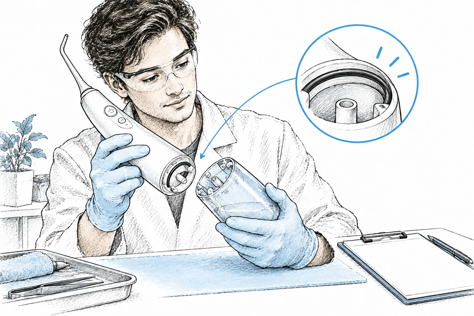 Illustration of a technician inspecting a water flosser reservoir connection and seal at a workbench.