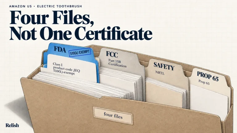 Ilustración de portada: una carpeta abierta con cuatro separadores etiquetados FDA, FCC, Safety y Prop 65; la indicación «510(k) Exempt» aparece únicamente en el separador FDA.