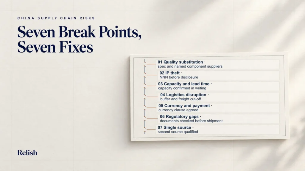 Cover illustration of seven China supply chain risks listed along one vertical spine, each break paired with a specific mitigation action to write into a contract.