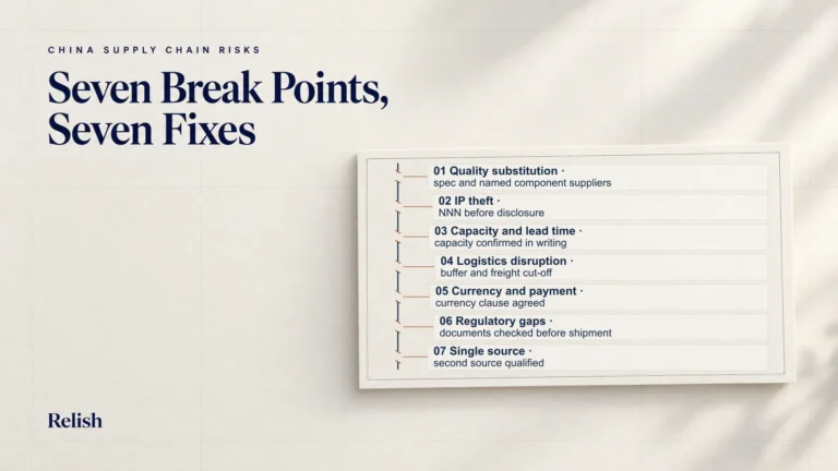 Cover illustration of seven China supply chain risks listed along one vertical spine, each break paired with a specific mitigation action to write into a contract.