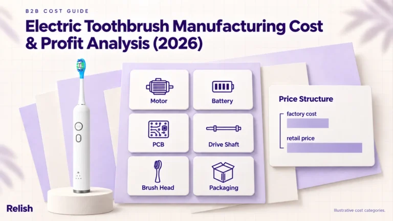 Editorial cover showing an electric toothbrush built from six stacked cost bands labelled motor, battery, PCB, drive shaft, brush head and packaging, with a bracket comparing factory cost to retail price on the right.