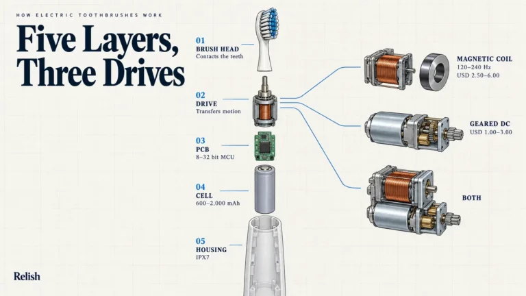 Cover illustration of a vertical five-layer toothbrush teardown, brush head, drive, PCB, cell and housing, with the drive layer branching into three options, magnetic coil at 2.50 to 6.00 US dollars, geared DC at 1.00 to 3.00 and both combined.