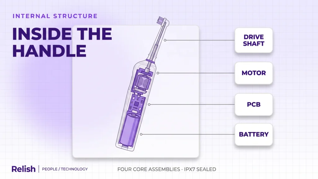 Layered editorial cutaway cover of an electric toothbrush handle opened to show four internal components, battery, circuit board, motor and drive shaft, each linked by a leader line to a shadowed callout card.