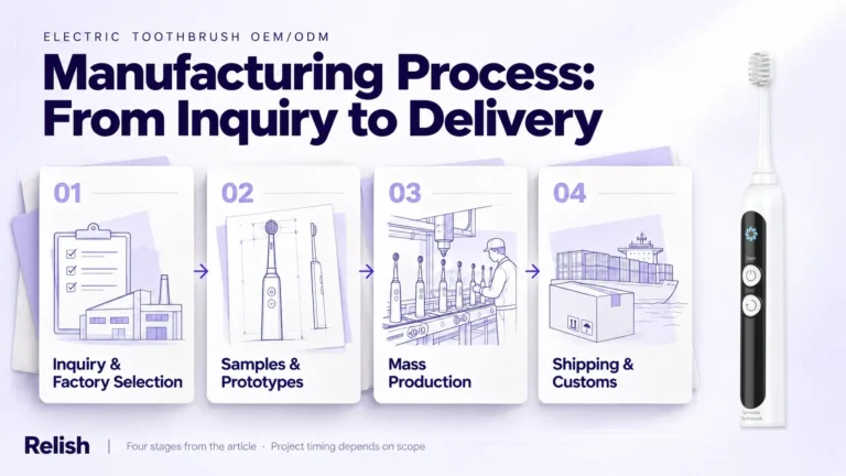 Editorial cover showing four numbered stages of electric toothbrush OEM manufacturing, from inquiry and factory selection through samples and prototypes to mass production and shipping, beside a real white toothbrush.
