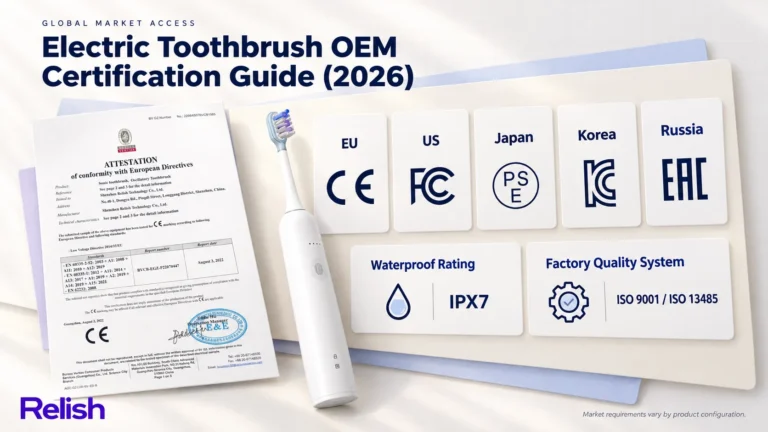 Editorial cover for an electric toothbrush certification guide: five market cards for the EU, US, Japan, Korea and Russia each showing one simple certification mark, above a foundation row for waterproof rating and factory quality system.