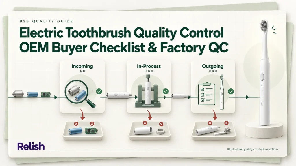 Editorial cover on electric toothbrush quality control: a production line passing through three gates labelled incoming, in-process and outgoing, with rejected components dropping away at each gate and a finished white toothbrush past the last one.