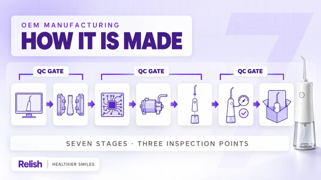 Layered editorial cover showing electric toothbrush manufacturing as seven shadowed stage cards joined by arrows, grouped under three quality gate brackets, with a large ghosted numeral seven behind and a white toothbrush at the right.