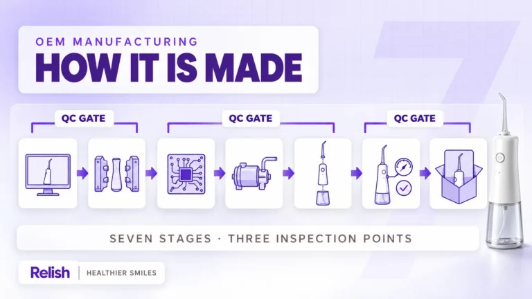 Layered editorial cover showing electric toothbrush manufacturing as seven shadowed stage cards joined by arrows, grouped under three quality gate brackets, with a large ghosted numeral seven behind and a white toothbrush at the right.
