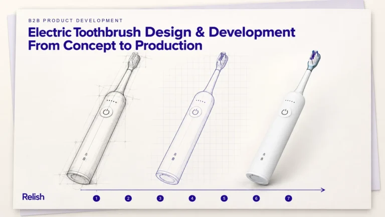 Editorial cover on designing an electric toothbrush: the same toothbrush drawn three ways from left to right, a pencil construction sketch, a blueprint outline and the finished white product, with seven numbered dots beneath.