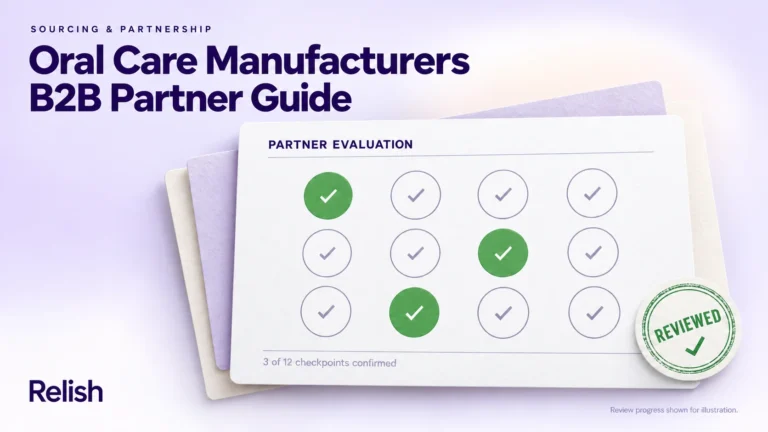 Editorial cover on vetting an oral care manufacturer: a twelve-point evaluation grid with three points already marked green and a REVIEWED stamp pressed over the corner, beside a flat-lay of gloved hands over paperwork.