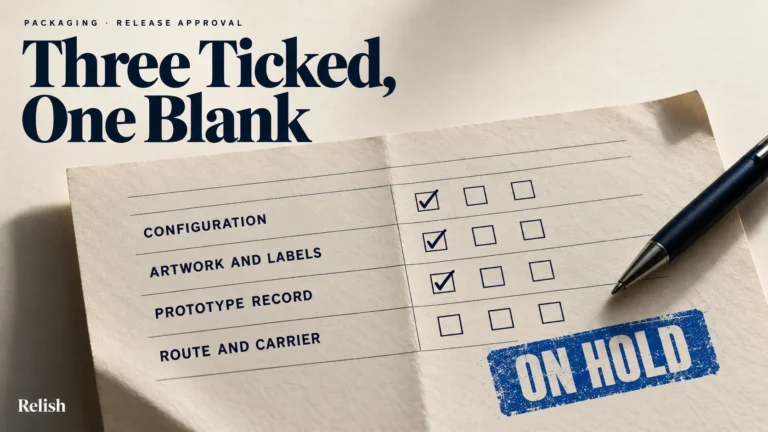 Cover illustration of a signed release approval sheet with four lines for configuration, artwork and labels, prototype record and route and carrier, three ticked and one left blank, stamped ON HOLD.