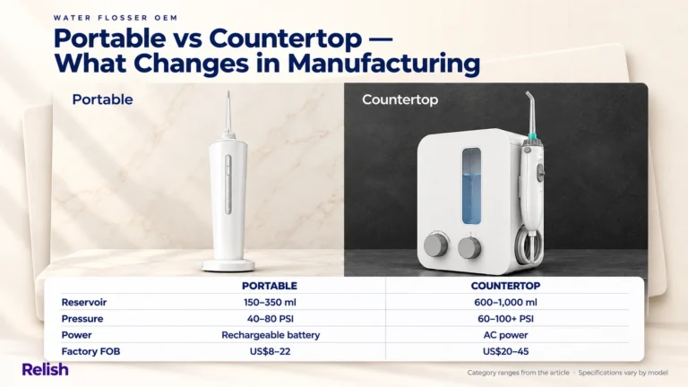Editorial cover comparing a cordless water flosser on pale marble with a countertop model on charcoal, above a four-row table of reservoir size, pressure, power source and factory FOB cost.