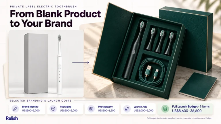 Editorial cover showing a plain white toothbrush beside an unbranded carton on the left and the same brush in a deep green gift box on the right, above five cost chips for identity, packaging, photography, launch ads and the total budget.