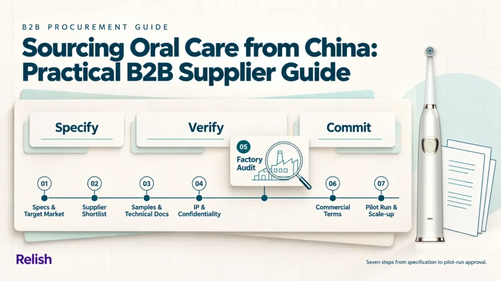 Editorial cover showing a seven-step sourcing timeline from specifications and supplier shortlist through samples, IP and confidentiality, factory audit and commercial terms to a pilot run, with a silver sonic toothbrush at the right.