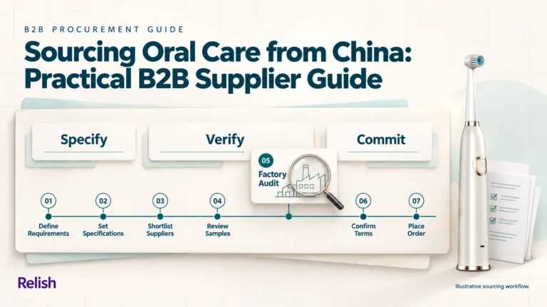 Editorial cover on sourcing oral care from China: a seven-stop track of numbered steps with the factory audit stop magnified in a card, three phase cards labelled specify, verify and commit, and a white toothbrush beside a document stack.