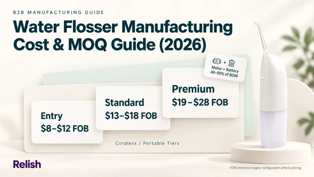 Editorial cover for a water flosser cost and MOQ guide: three ascending white cards for entry, standard and premium tiers each showing an FOB price range, with one chip noting the motor and battery make up 40 to 50 percent of the bill of materials.