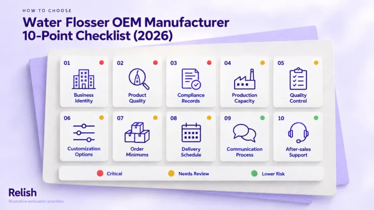 Editorial cover of a ten-point checklist for vetting a water flosser OEM factory: ten numbered tiles in a grid, each with an icon and label, colour-dot graded red, amber or green, with a white flosser at the lower right.