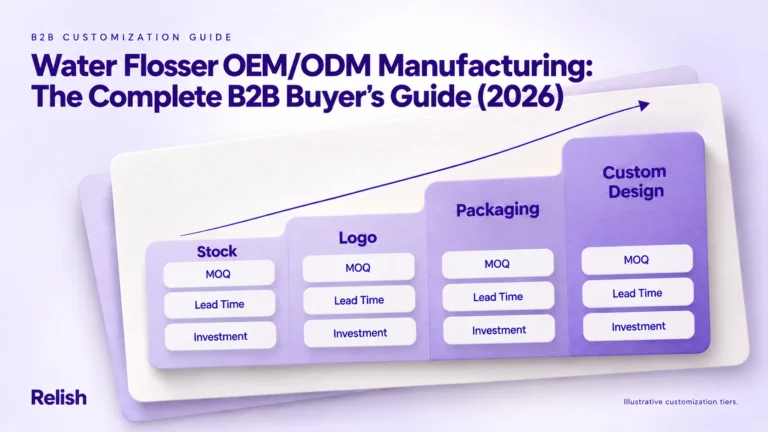 Editorial cover for a water flosser OEM/ODM buyer guide: three shadowed cards for stock, logo and custom design stack as an ascending investment ladder, each listing MOQ, lead time and tooling cost, with a white flosser at the right.